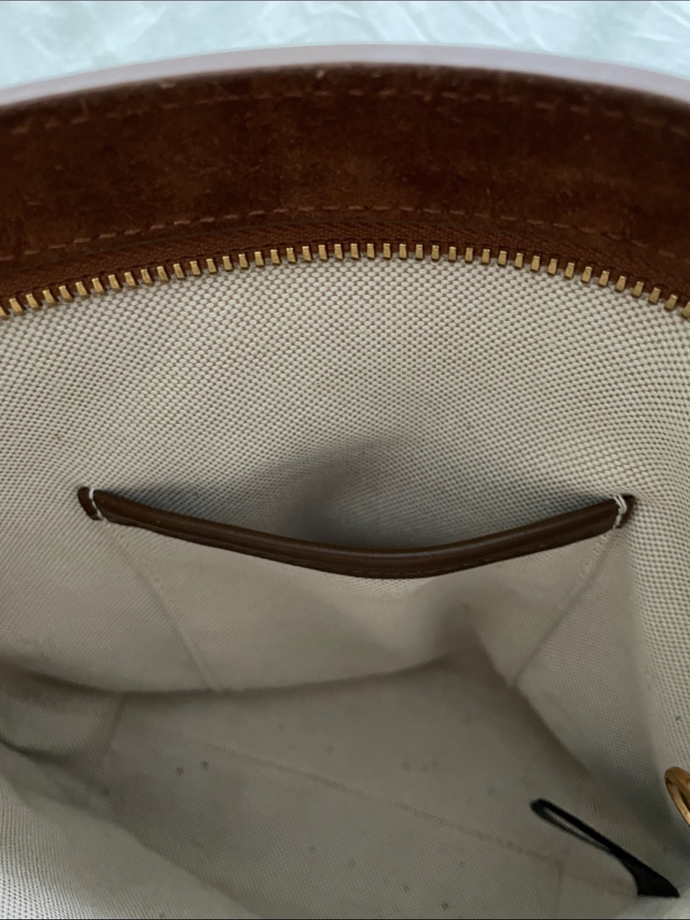 Quince Italian Suede Crossbody Bucket Bag in Whiskey Brown - Picture 11 of 14